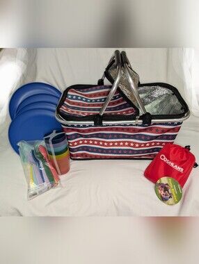 Patriotic Star Striped Insulated Cooler Basket w/ Accessories MINT CONDITION